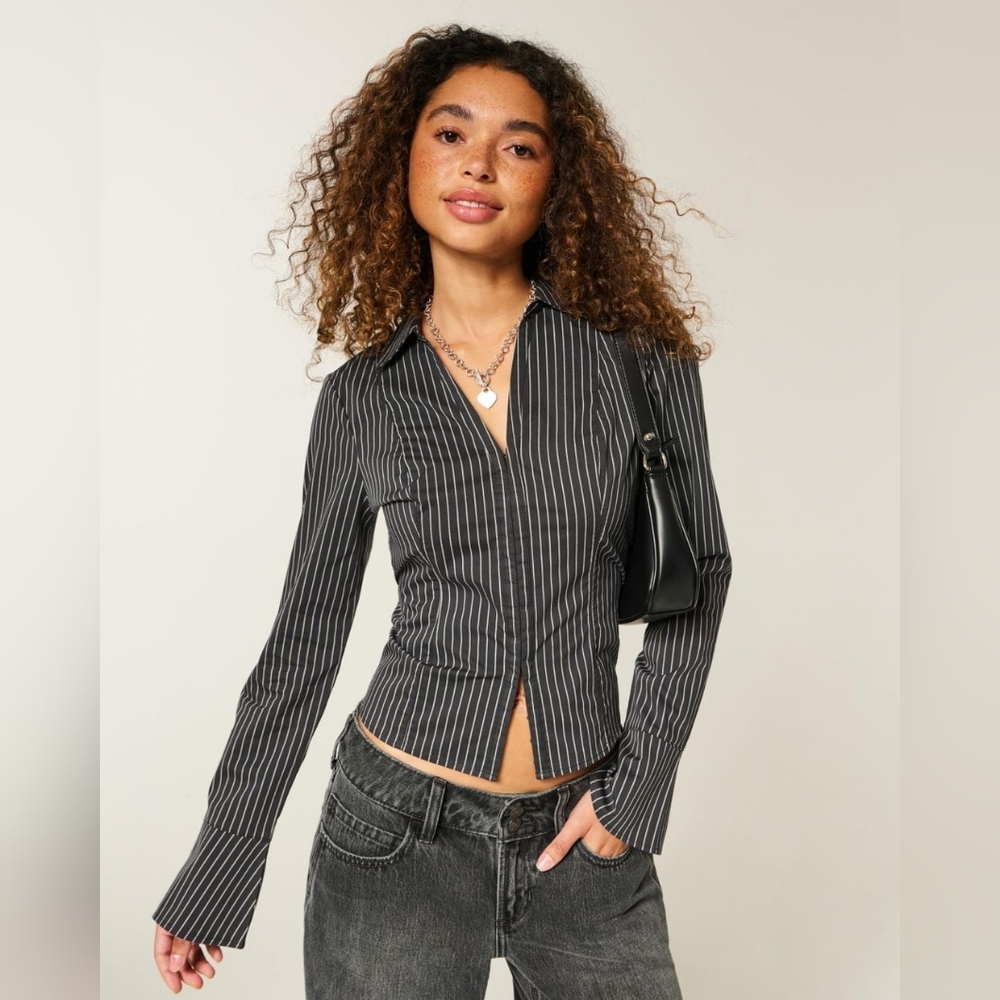 Hollister Striped Poplin Button Up Bell Sleeve Shirt